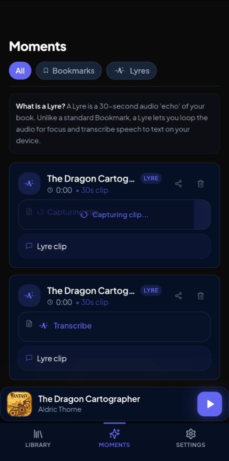 Lyre screen with clips and transcription actions