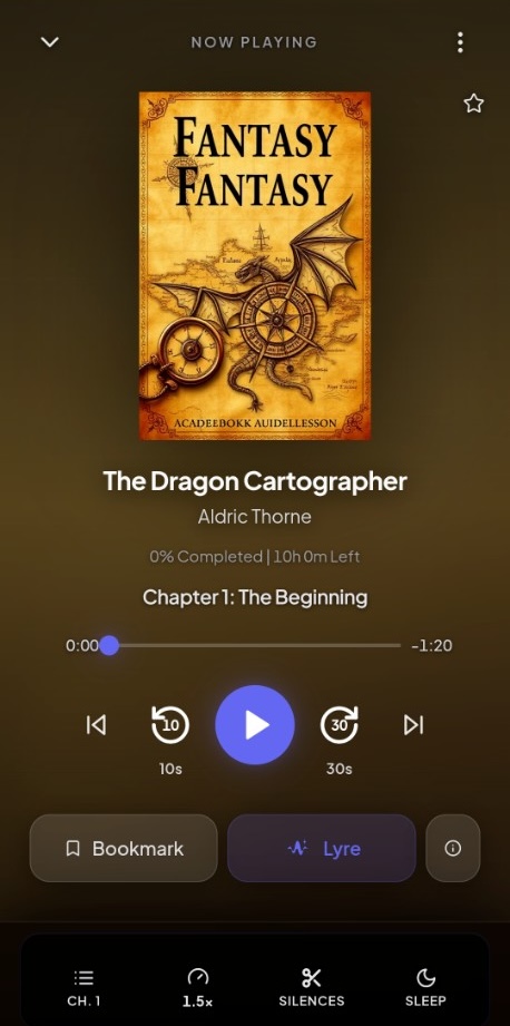 Now Playing screen with chapter controls and seek buttons