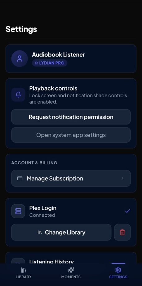 Settings screen with playback controls, account, and Plex status
